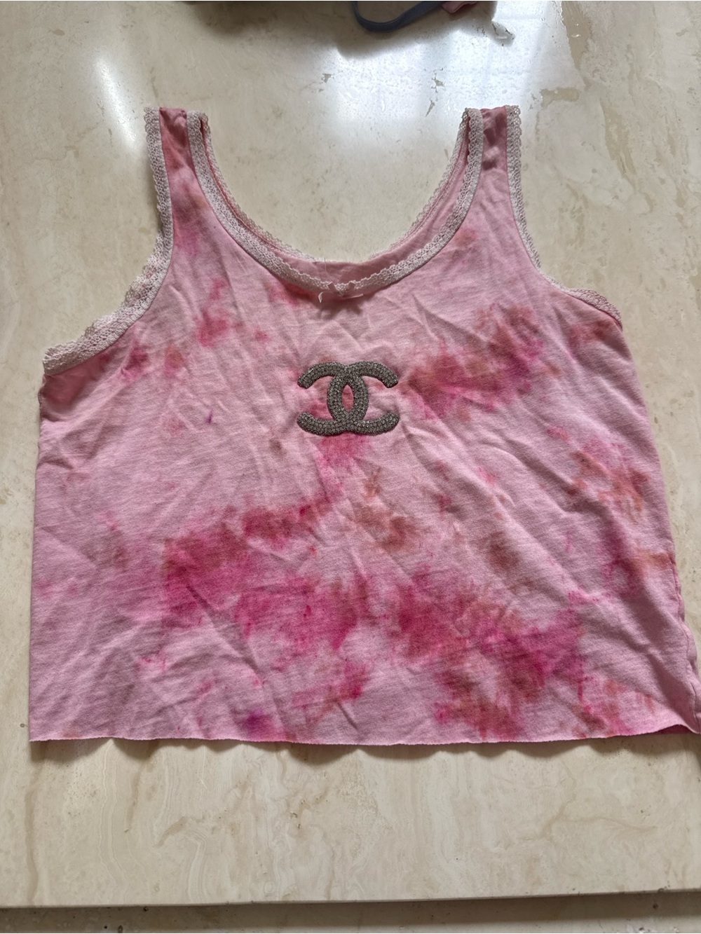 Chanel pink Tie-Dye Lace Trim Tank Top with Logo